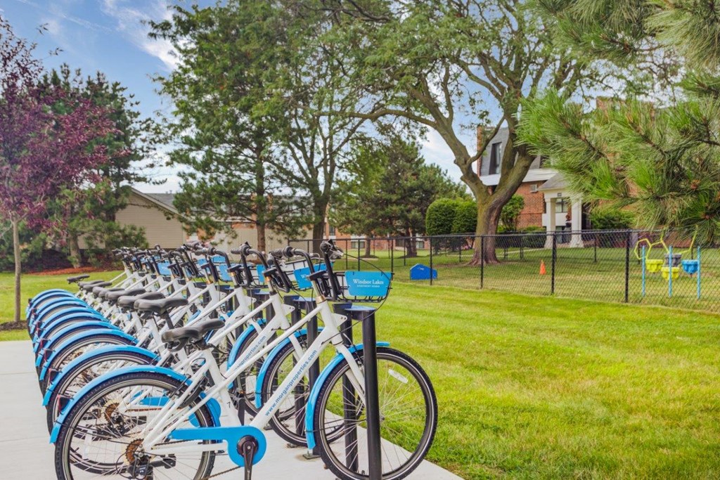 a row of bikes parked in front of a park