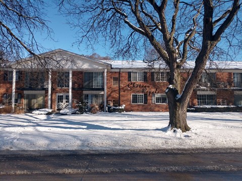A tree stands in front of a brick building with snow on the ground.