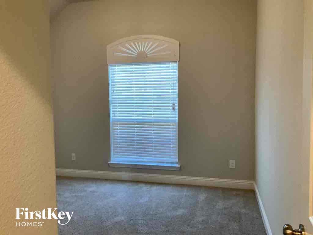 A room with a window covered by blinds and a carpet on the floor.