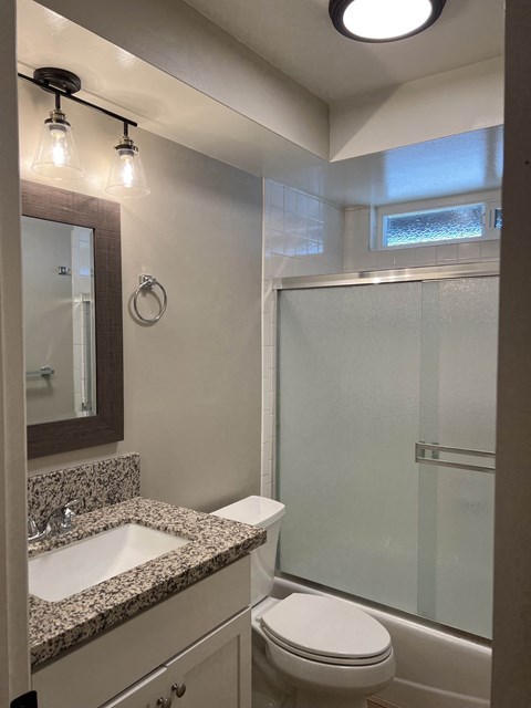 a small bathroom with a shower and a sink and a toilet