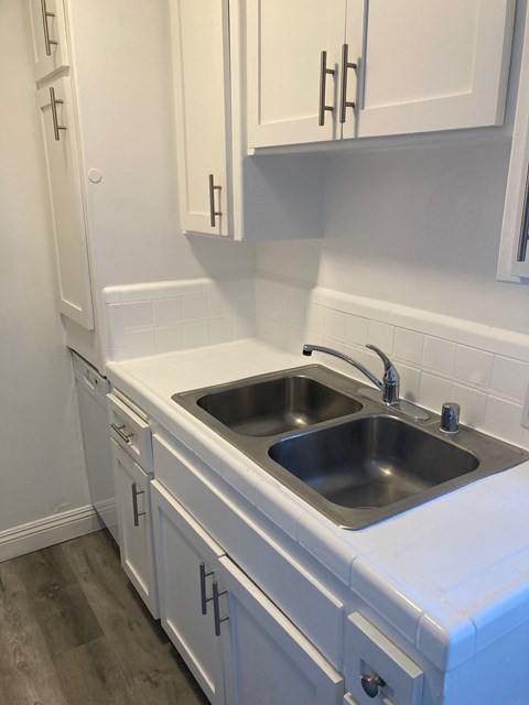 A kitchen with a sink and cabinets.