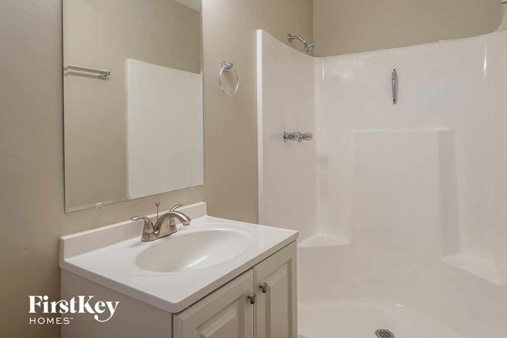 a bathroom with a sink and a shower and a mirror