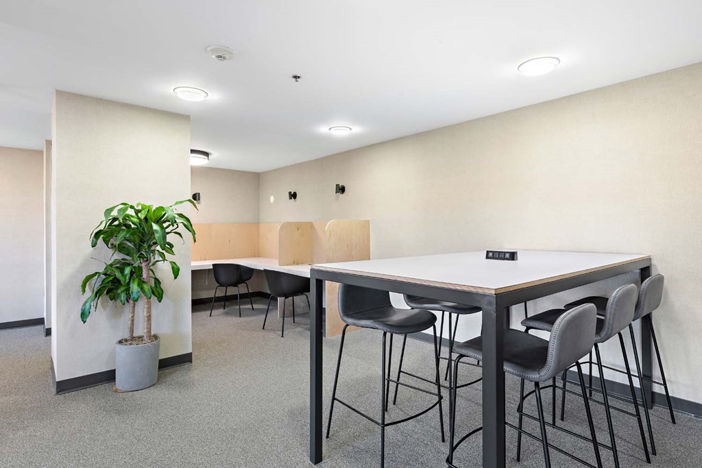 a room with a table and chairs and a plant