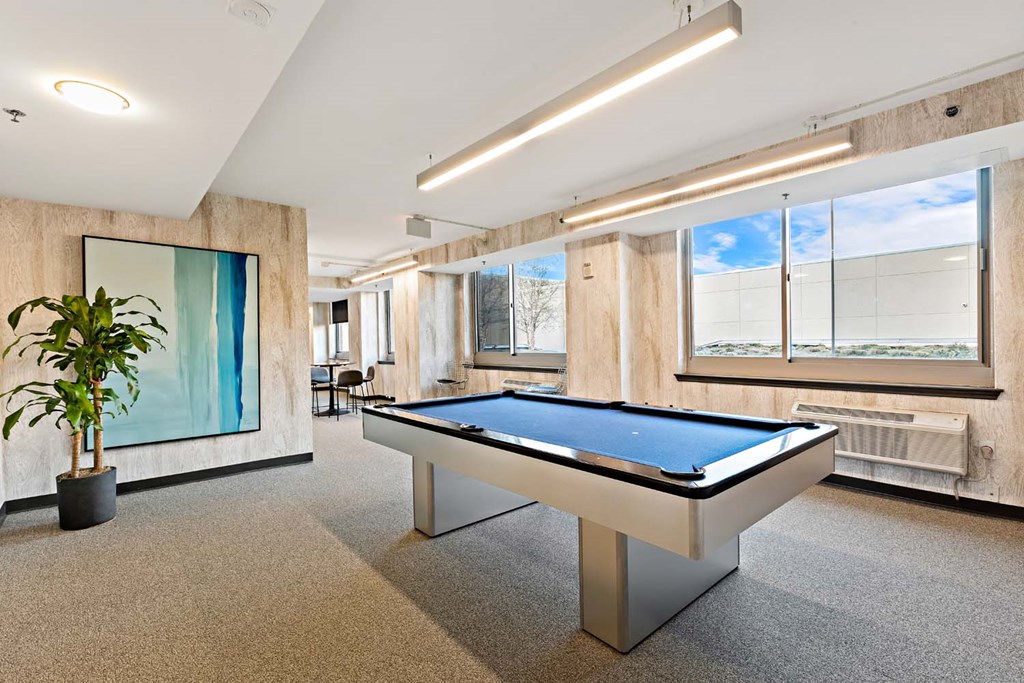 a games room with a pool table