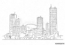 A black and white line drawing of a cityscape with buildings and trees.