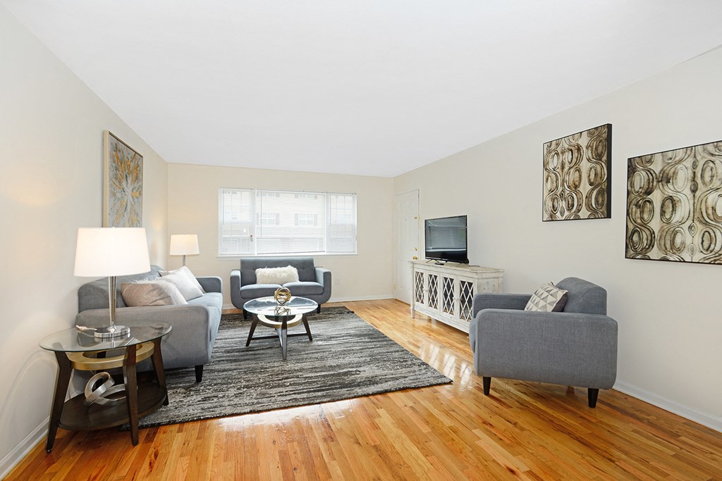a living room with couches and chairs and a television