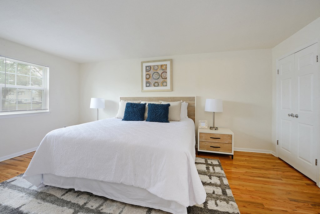 a bedroom with a bed and a rug and a window