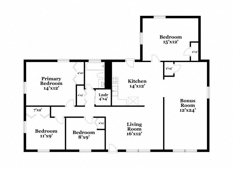 floor plan of the first floor of a house with bedrooms and baths