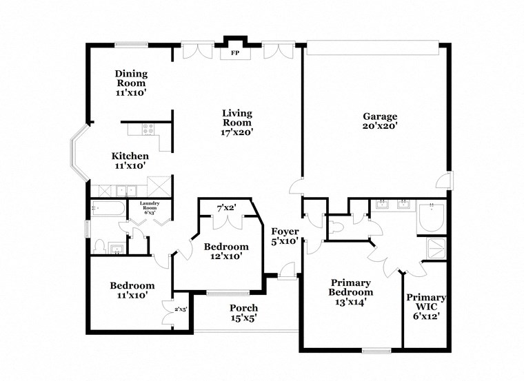 a floor plan of a house with three bedrooms and two baths