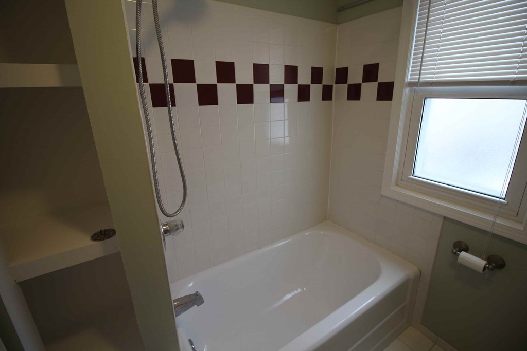 a bathroom with a bath tub and a window