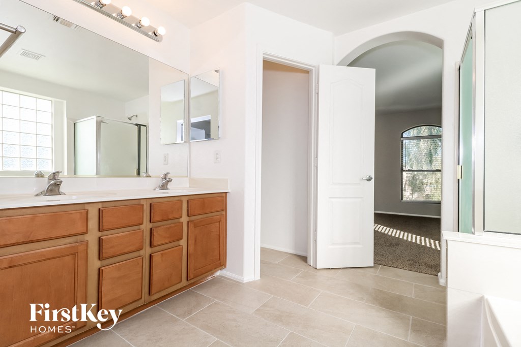 a bathroom with a sink and a mirror and a shower