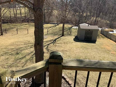 a backyard with a fence and a tree and a bird house