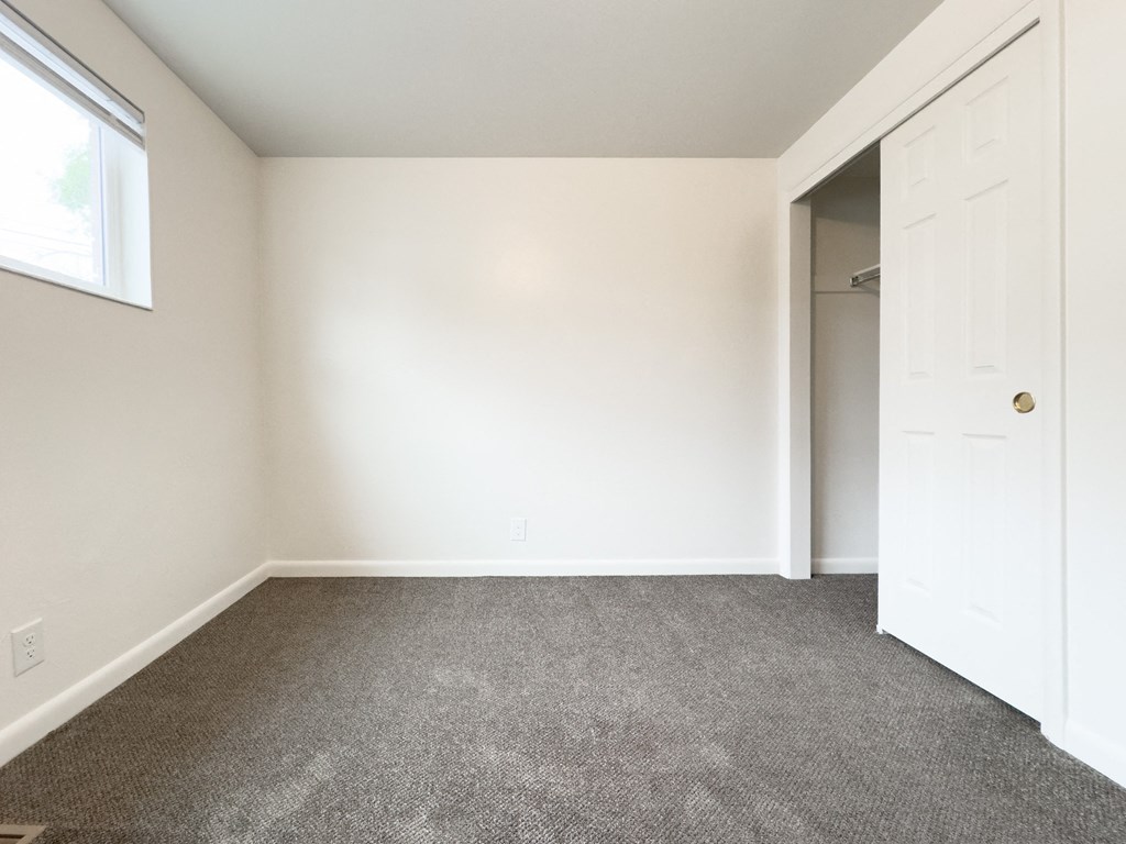 an empty room with carpet and a closet