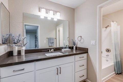 A bathroom with a sink, mirror, and cabinets.