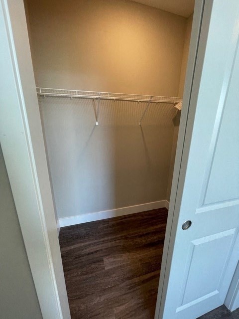 a walk in closet with a wood floor and a white door