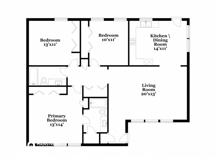 a floor plan of a house with two bedrooms and a living room and a kitchen