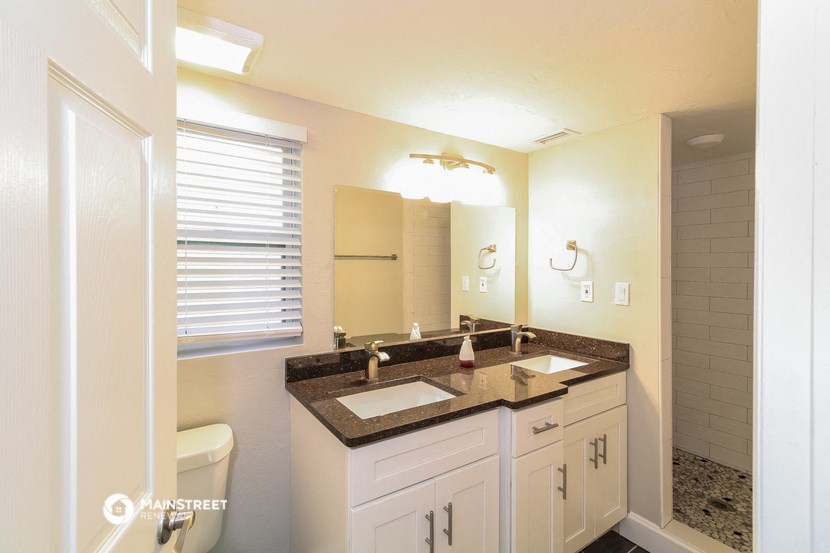 a bathroom with a sink and a mirror and a toilet