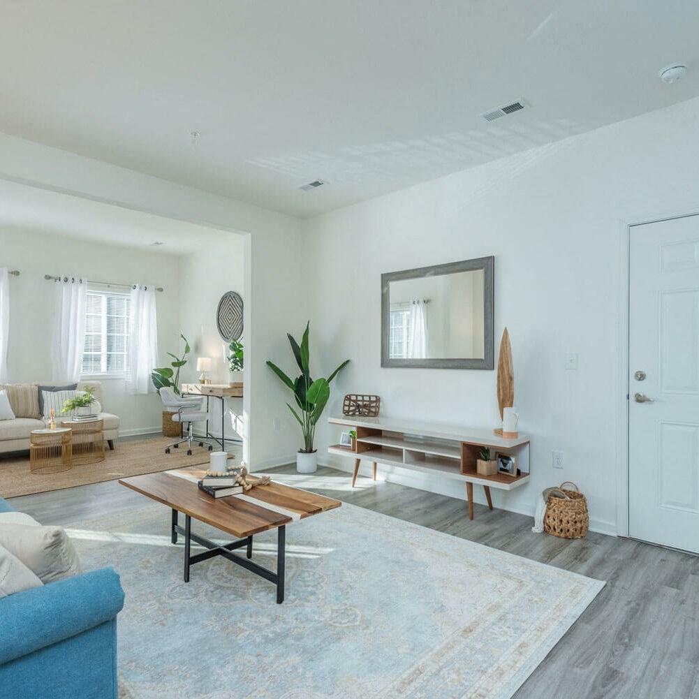 a living room with a couch and a coffee table