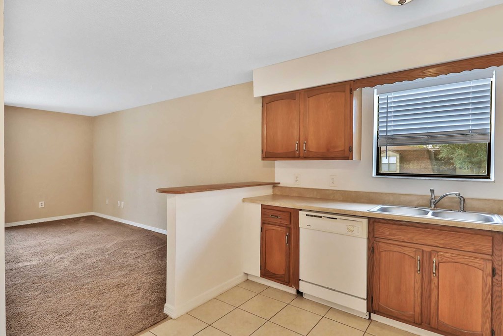 a kitchen with wooden cabinets and a sink and a window