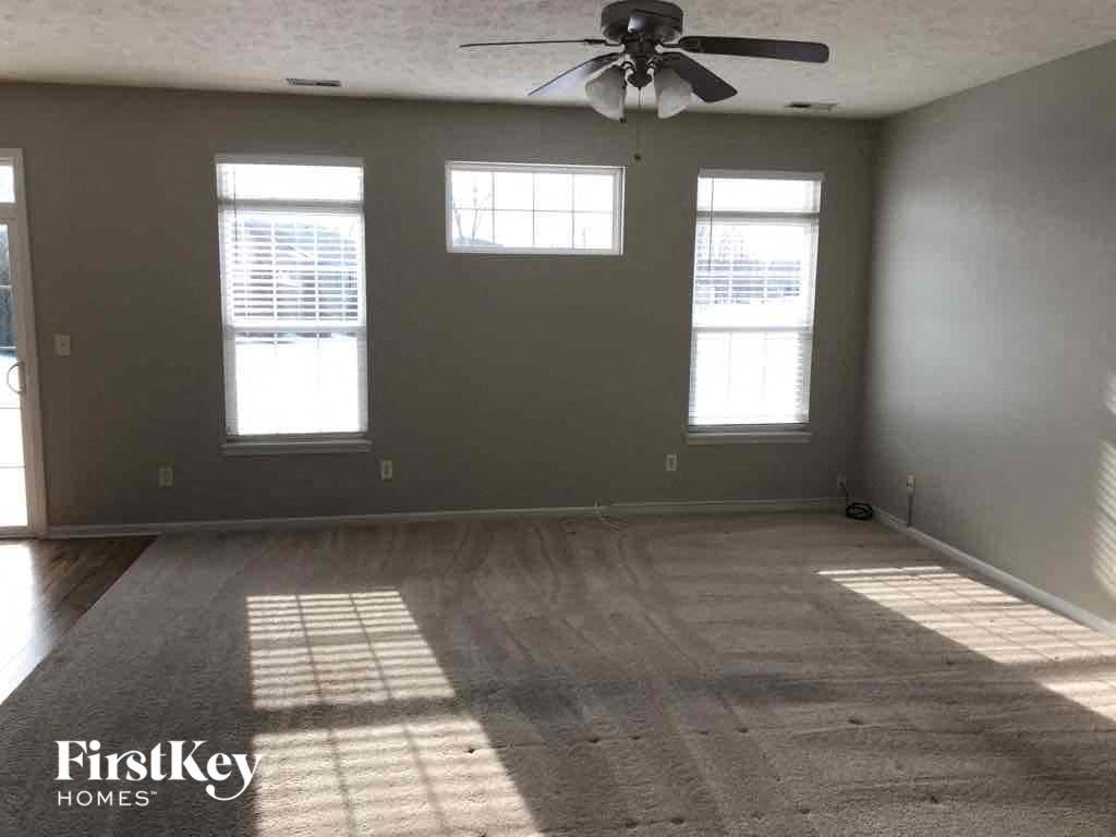 A room with a carpeted floor and a ceiling fan.