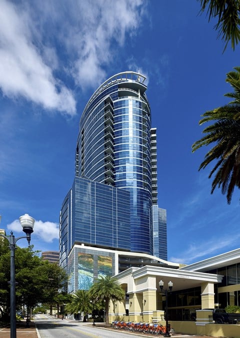 a tall building with a blue sky background and palm trees