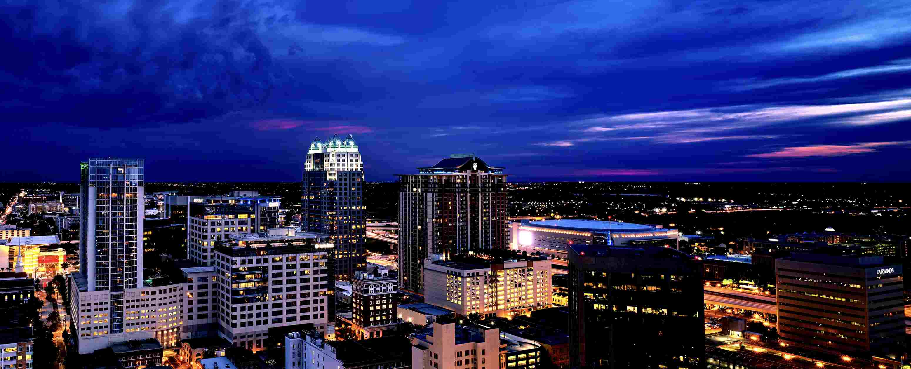 a view of the city skyline at night