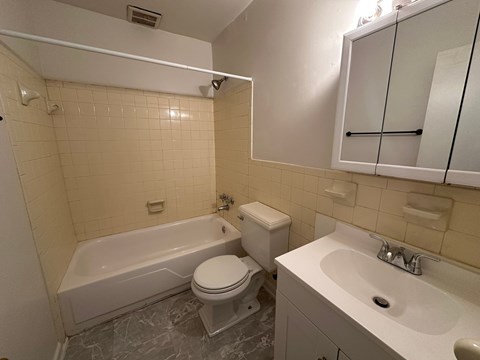 A white toilet sits next to a bathtub in a bathroom.