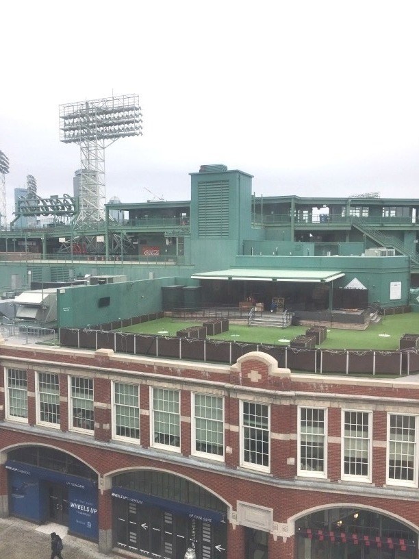 a view of a baseball stadium from a building