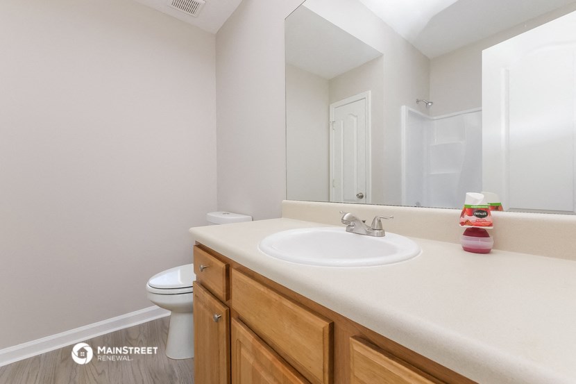a bathroom with a sink and a mirror and a toilet