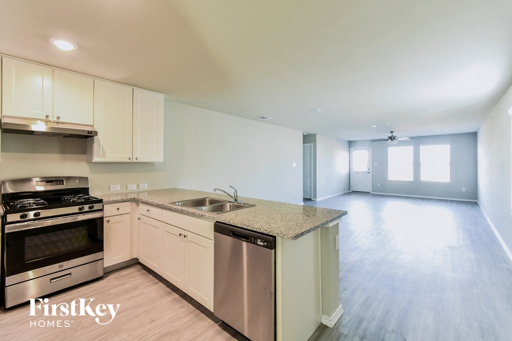 A kitchen with a stove top oven, dishwasher, and a sink.