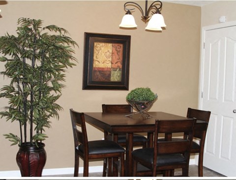 a dining room with a table and chairs and a potted plant