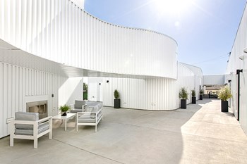 Seating by outdoor fireplace