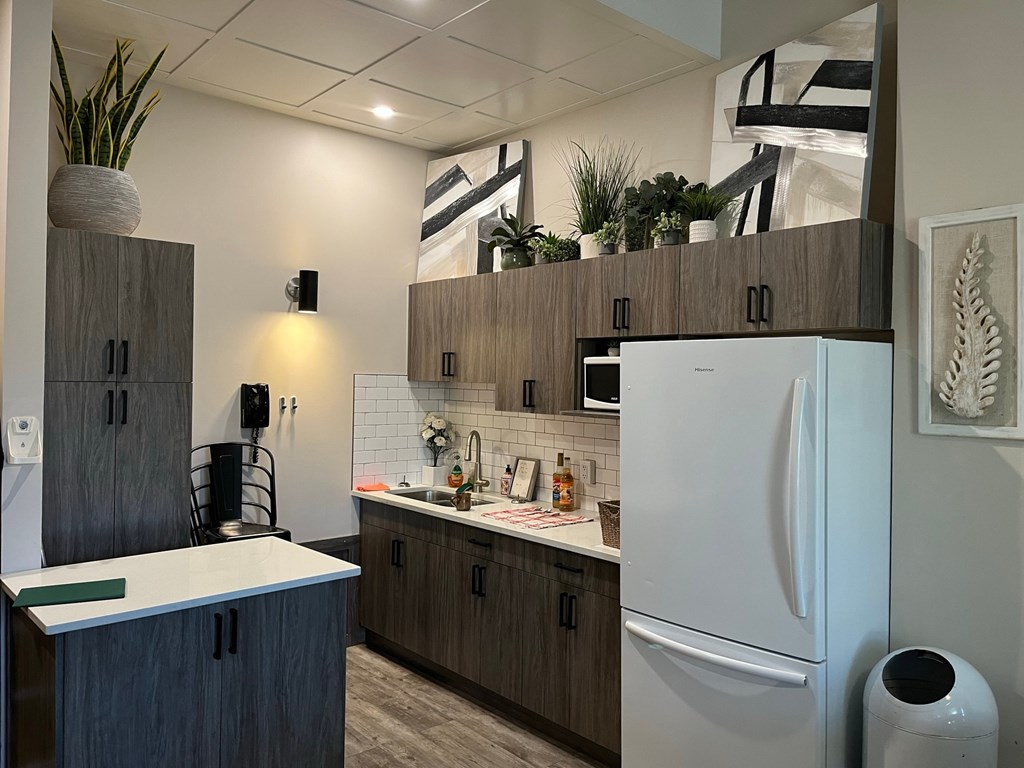 a kitchen with a refrigerator and a sink in a hotel room