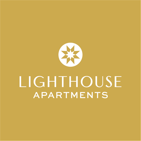 A logo for Lighthouse Apartments is displayed on a yellow background.