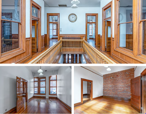 A collage of three images showing interior spaces with wooden floors and furnishings.