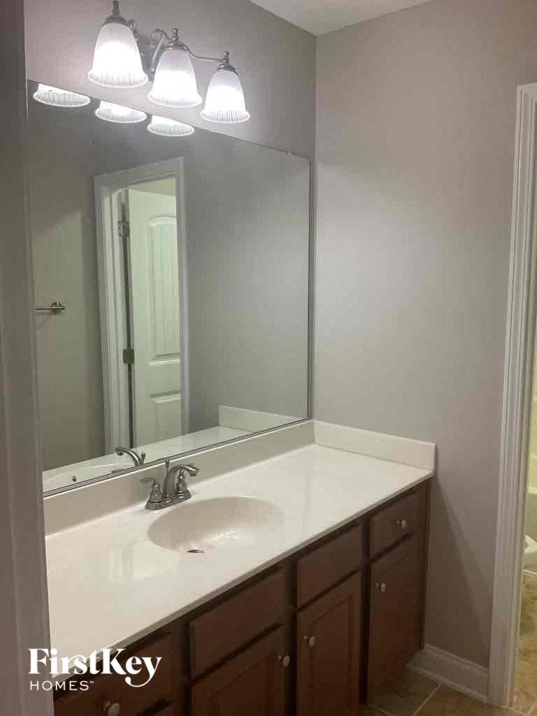 a bathroom with a sink and a large mirror