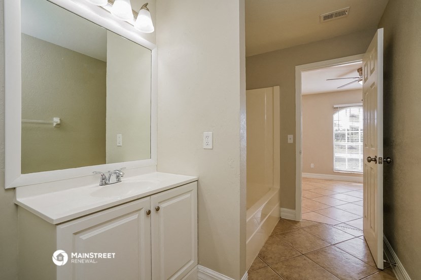 a bathroom with a sink and a large mirror