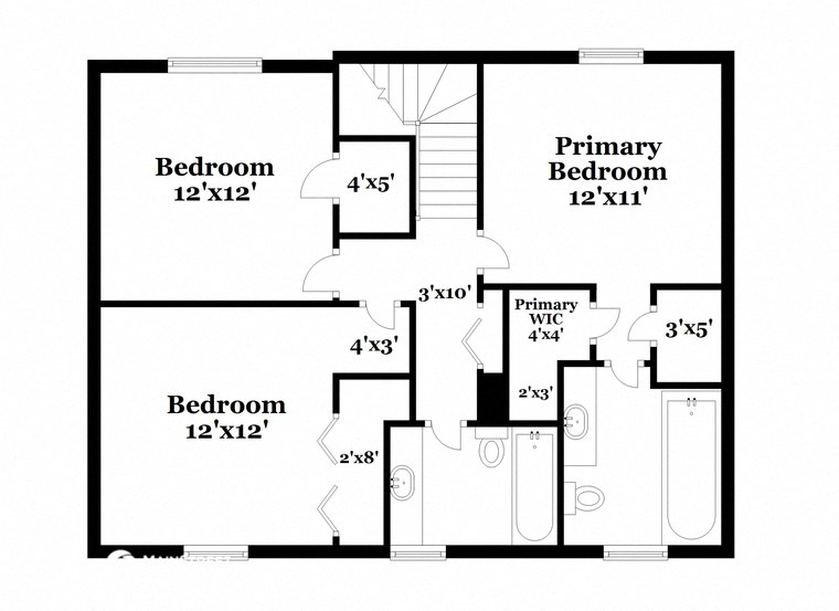 floor plan of the first level of the house with bedrooms and baths