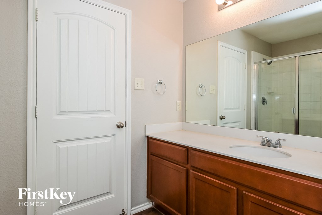 a bathroom with a sink and a mirror and a shower