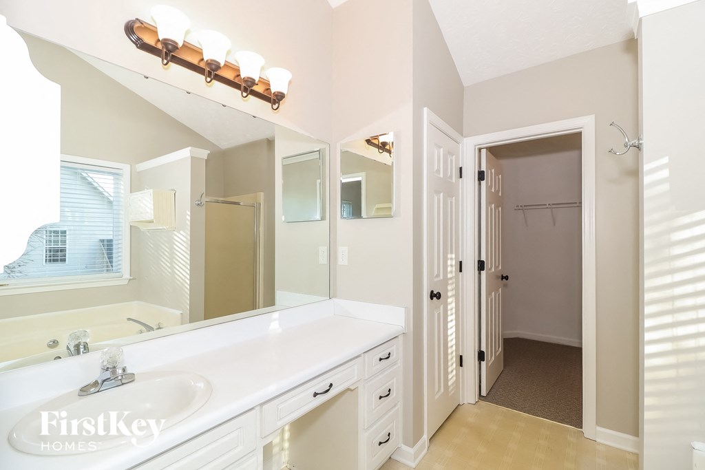 a bathroom with a sink and a mirror and a shower