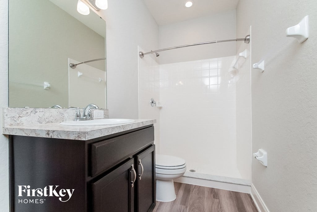 a bathroom with a sink and a toilet and a shower