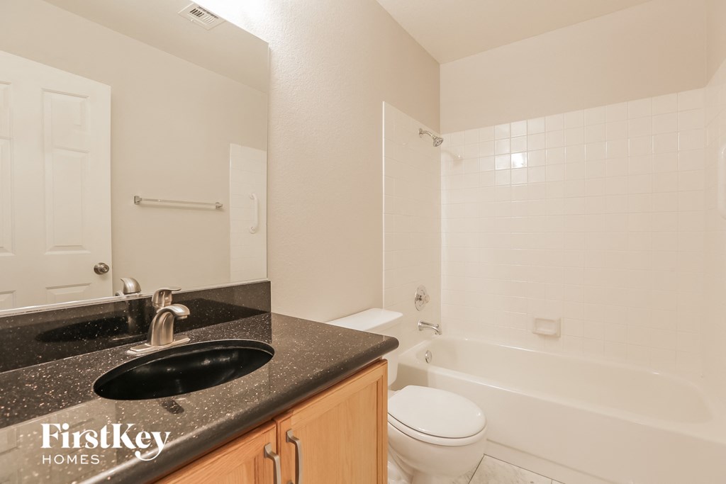 a bathroom with a sink and a toilet and a bath tub