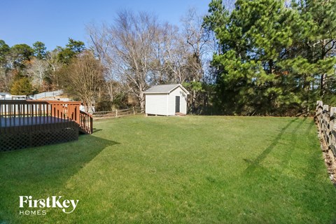 A backyard with a fence, a shed, and a tree.