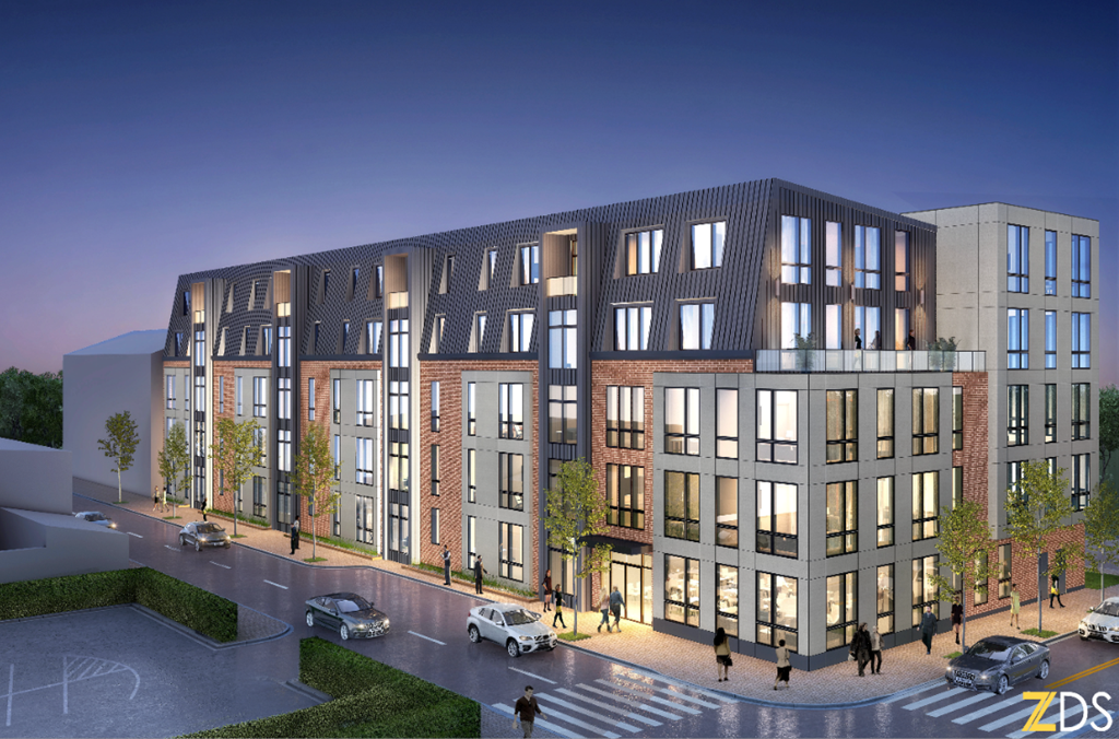 a rendering of an apartment building on a city street