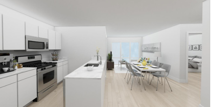 an open kitchen and dining room with a table and chairs