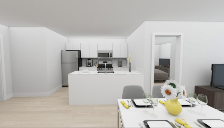 a white kitchen and dining room with a table and chairs