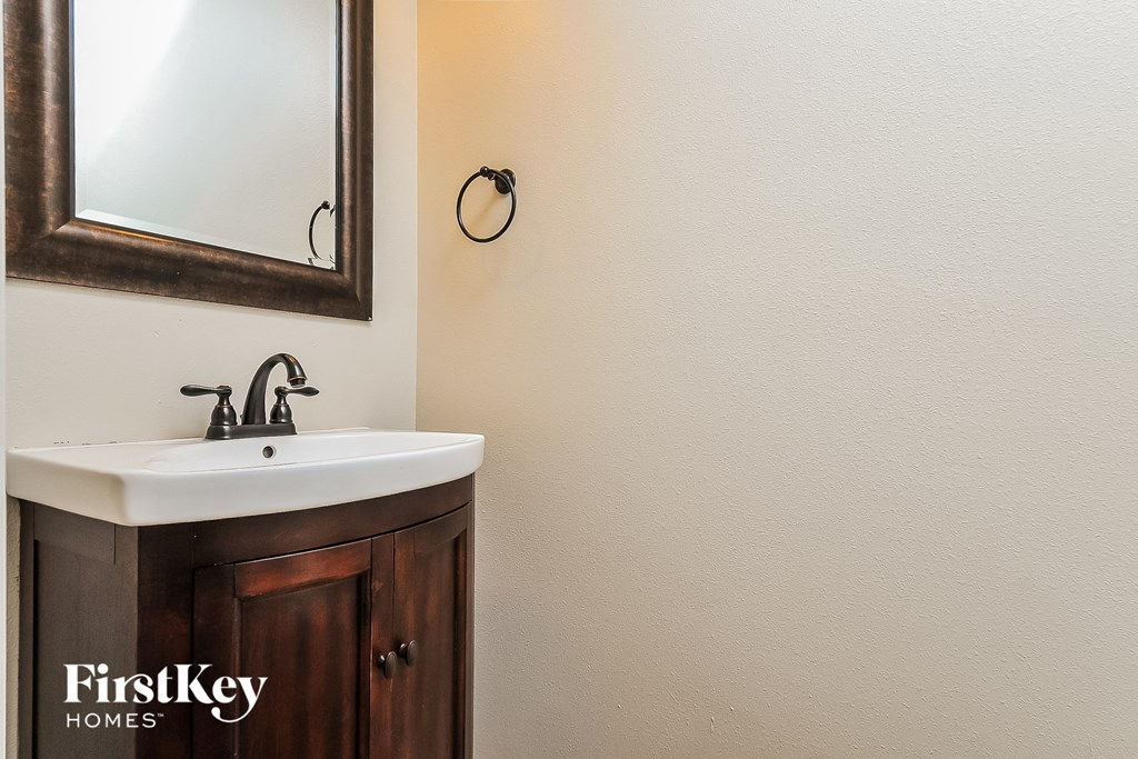 the master bathroom has a sink and a mirror
