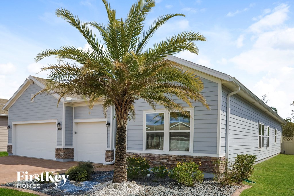 a palm tree in front of a house