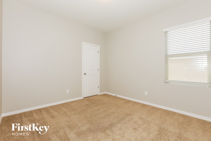 a bedroom with a door and a window and a carpeted floor