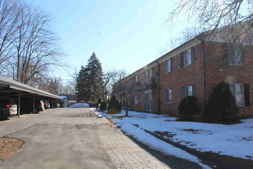 A snowy street with a building on the right.